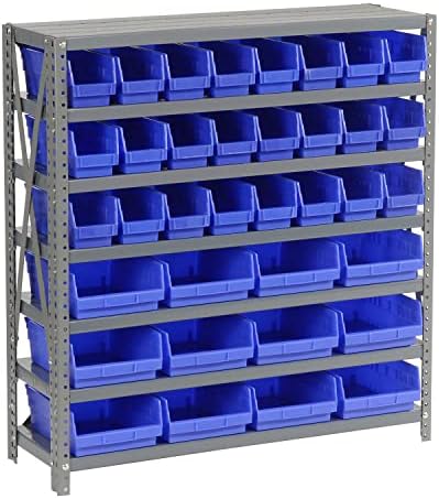 Global Industrial 7 Shelf Steel Shelving with (36) 4" H Plastic Shelf Bins, Gray Frame & Blue Bins, 36" W x 12" D x 39" H, Industrial or Commercial Storage, Assembly Required