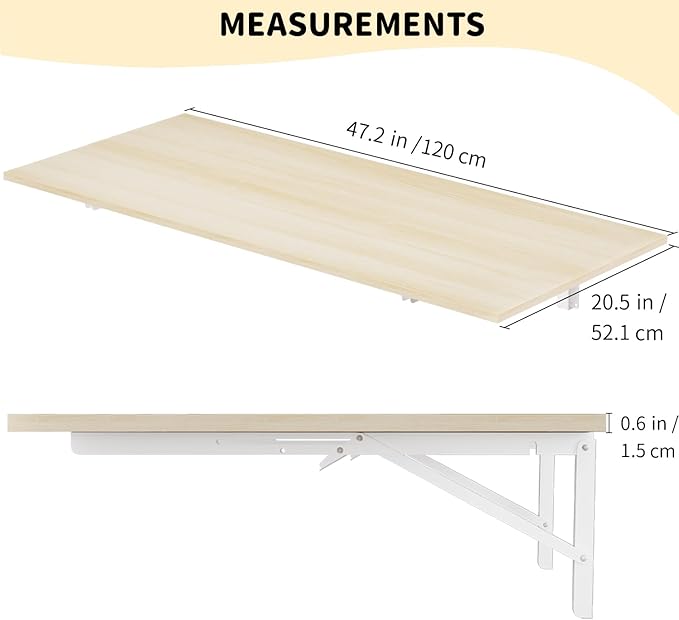 GOYLSER Wall Mounted Folding Kitchen Table Desk for Small Spaces Saving, Natural Wood Fold Down Laundry Wall Table, Wall Folding Portable Workbench Worktable, 47" x 20.5"