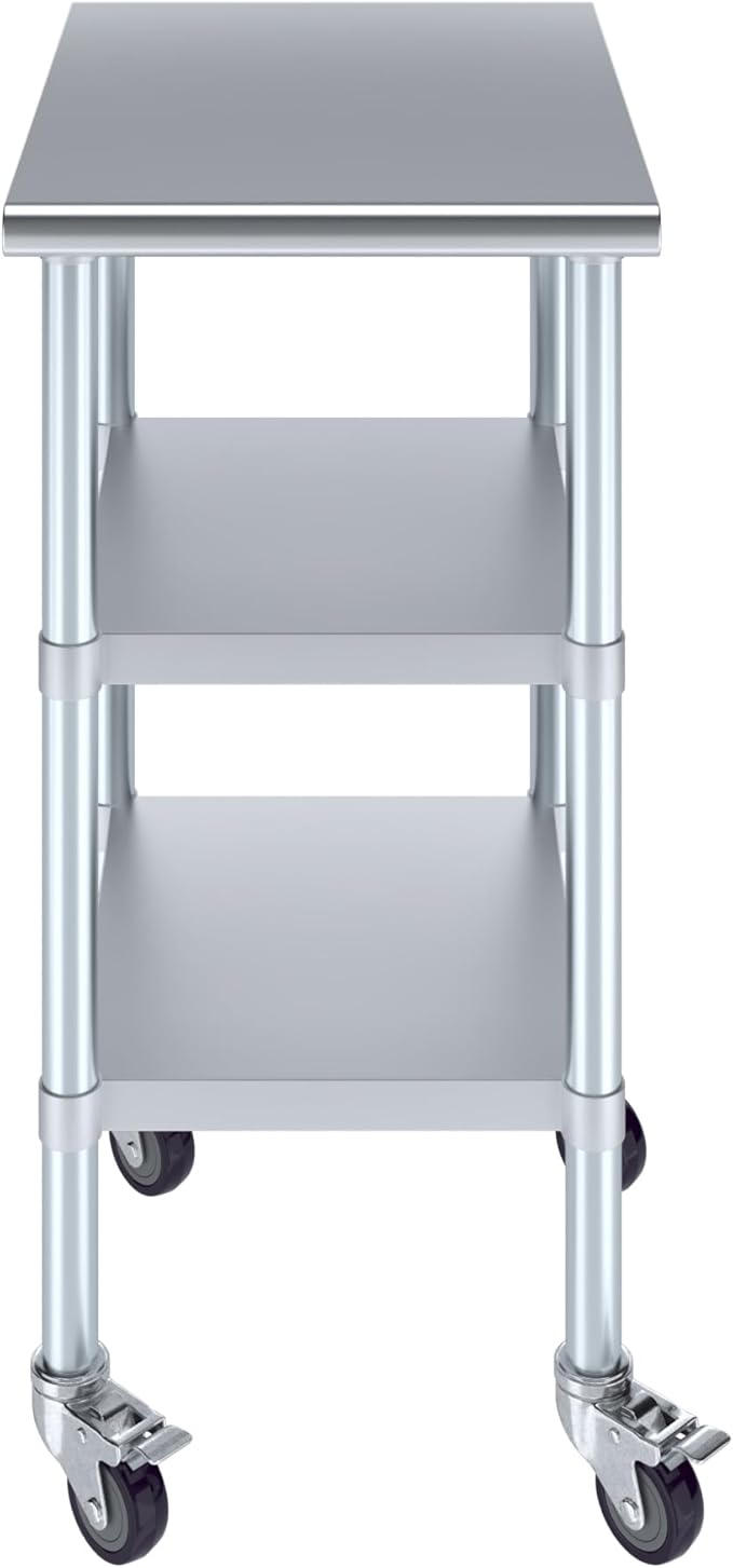 AmGood Stainless Steel Work Table with 2 Shelves and Casters | Metal Utility Table On Wheels (Stainless Steel Work Table with 2 Shelves + Casters, 18" Long x 24" Deep)