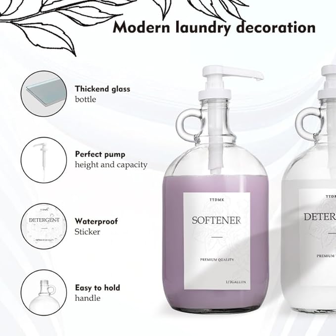 2 Pcs Glass Liquid Laundry Detergent Dispenser - One Gallon Fabric Softener Liquid Dispenser for Laundry Room (128 oz Each), Laundry Soap Dispenser - Includes Labels, Funnel, and Measuring Cups