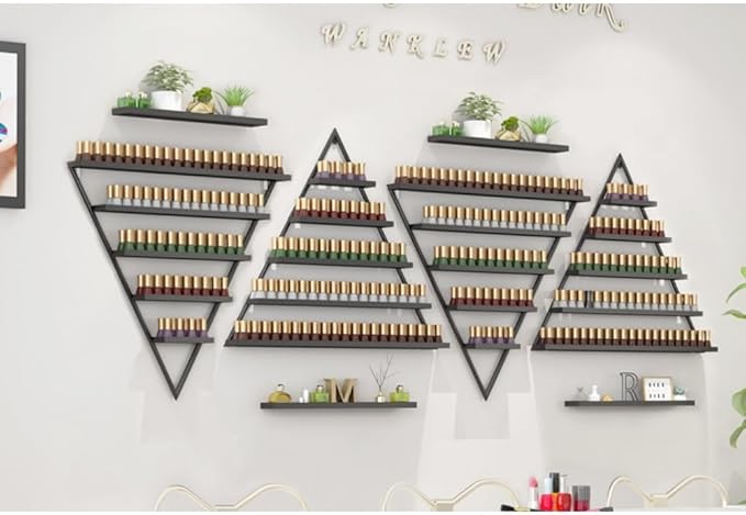 Elegant Gold Wall Mounted Nail Polish Rack - Set of 6 Triangular Cosmetic Display Shelves for Essential Oil Bottles, Organize Your Lipsticks and Perfumes in Style at Home or Salon (Black)