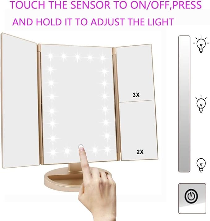 Tri-fold Lighted Vanity Makeup Mirror with 3x/2x/1x Magnification, 21Leds Light and Touch Screen,180 Degree Free Rotation Countertop Cosmetic Mirror,Travel Makeup Mirror (Gold)