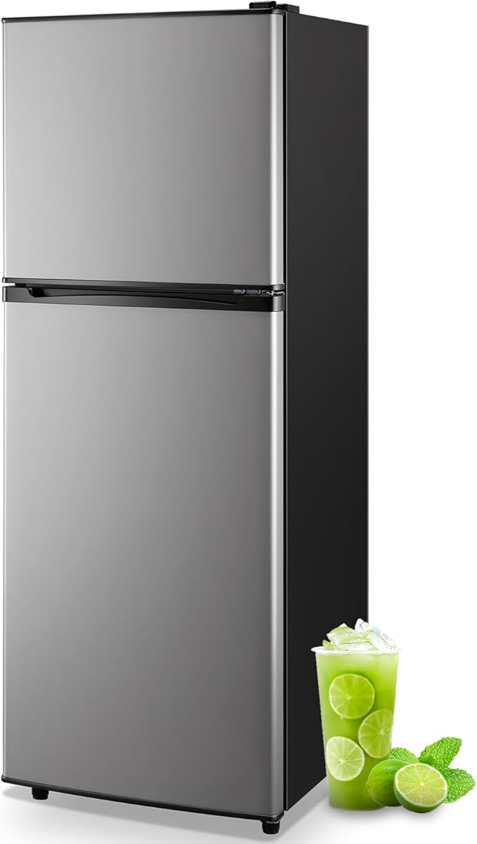 5.0 Cu.ft Mini Refrigerator with Freezer Small Fridge Drink Holder Double Door Refrigerator Adjustable Glass Shelves for Home,Apartment,Office Silver