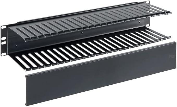 ICC 2U Finger Duct Cable Manager Panel with Cover, Plastic with Metal Back Frame, 5" Depth, Horizontal Cable Management, Rackmount for 19” Network Racks, Black, Single Pack