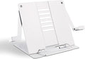 Metal Desk Book Stand for Reading with Adjustable Clips, Hands-Free Foldable Book Holder for Kids, Portable Document Stand for Desk, Display Stand for Recipes, Cookbooks, Tablets - White