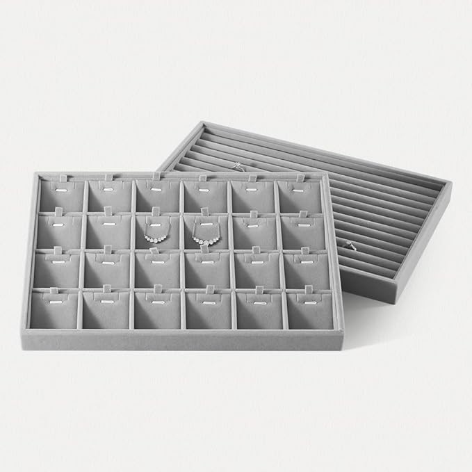 Velvet Ring Display Tray, Stackable Muilt Slot Rings Ear Stud Storage Tray, Drawer Insert Jewelry Accessories Organizers Plate (Gray)