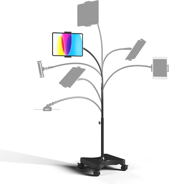 LEVO Adjustable Height Floor Stand on Wheels for Tablet & Phone - Gooseneck Holder Mount with Stable Base - Compatible with All Cell Phones & Tablets (4-13 inch) - Black with Casters