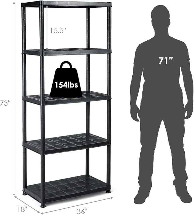 IRONMAX 5-Tier Garage Shelving Unit, Plastic Storage Rack with 4 Wall Brackets, Heavy Duty Shelf Organizer for Indoor and Outdoor, Black (1, 36”L X 18”W X 73”H)