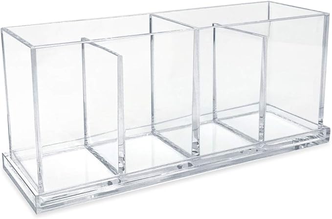 Isaac Jacobs 2-Pack 4-Compartment Clear Acrylic Organizers with Lid (9” L x 3” W x 4” H), Makeup Brush Holder, Sectional Tray, Storage Solution for Makeup, Crafts, Office Supplies & More (2, Clear)