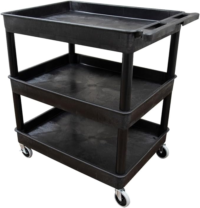 Stand Steady Tubstr Large 3 Shelf Utility Cart | Heavy Duty, Black HDPE & PVC, Holds Up to 300 lbs. | Storage & Rolling Tool Cart for School, Office, Garage & Warehouse