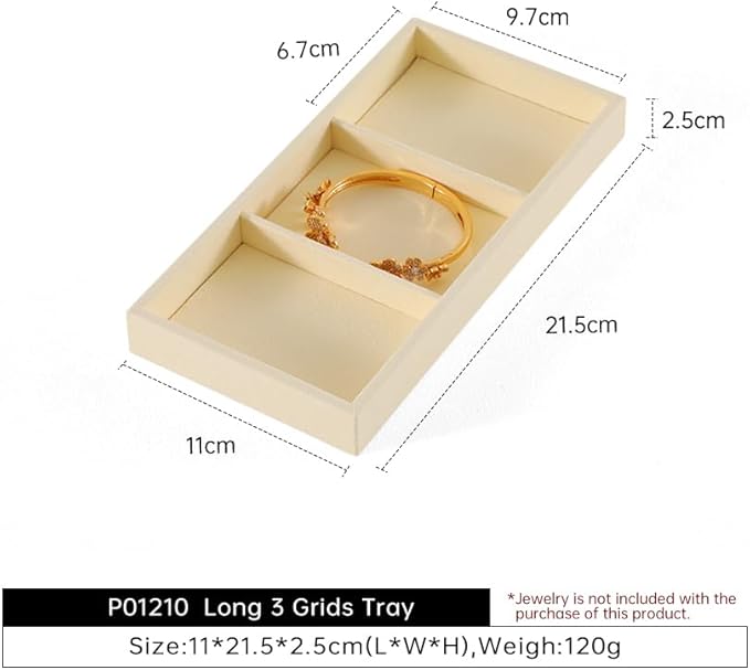 Dark Blue Jewelry Display Tray Ring Necklace Earring Bangle Organizer Multifunctional Storage Case for Jewelry Showcase (Long 3 Grids Tray(beige))
