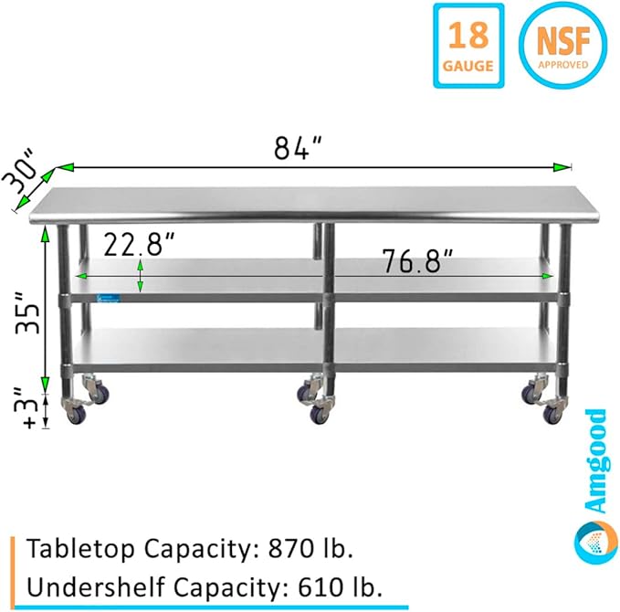 AmGood Stainless Steel Work Table with 2 Shelves and Casters | Metal Utility Table On Wheels (Stainless Steel, 84" Long x 30" Deep)