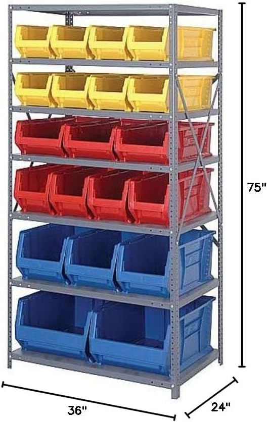 Quantum Storage Systems 2475-20-MIXBL Solid Heavy Duty 7 Shelves 20 HULK Blue Bins 75" H x 36" W x 24" D