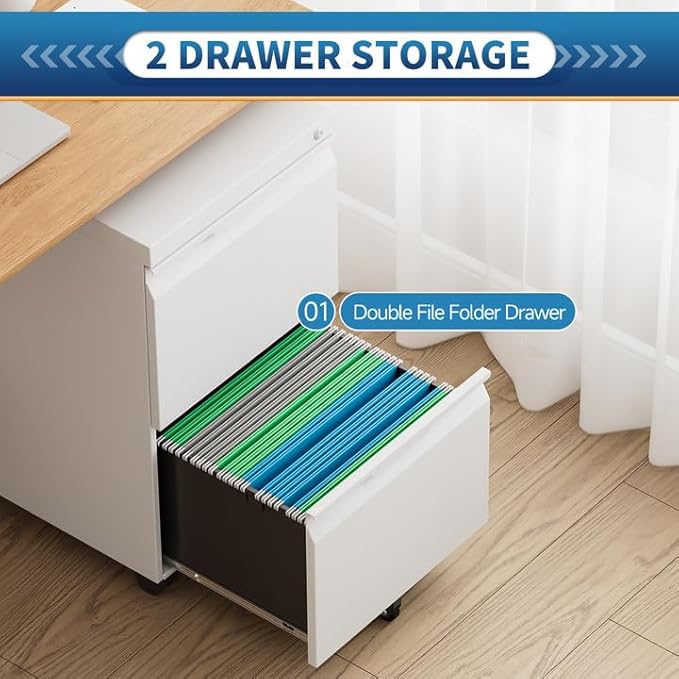 File Cabinet 2 Drawers on Wheels Under Desk,Locking Filing Cabinets for Home Office,Metal Vertical Files Drawers,Small Rolling Cabinet Printer Stand for Legal/Letter/A4( Assembly Required-White)