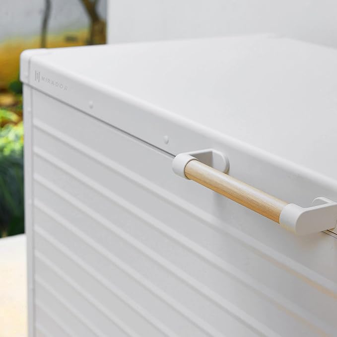 MIRADOR 175 Gallon Outdoor Storage Box Waterproof with Wheels, Metal Deck Box for Patio Furniture, Garden Tools, Outdoor Cushion, Latte