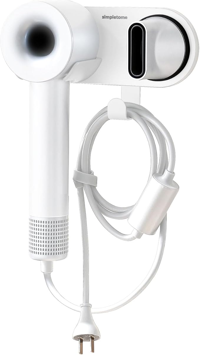 simpletome Hair Dryer Holder Wall Mount for All Magnetic High Speed Blow Dryer with Plug Cord Organizer Hook (ABS Plastic, White)