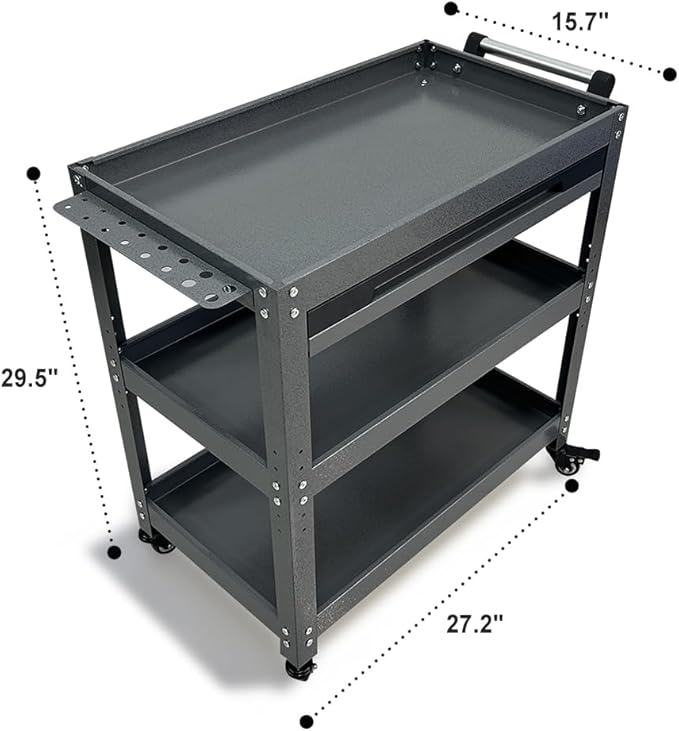 Metal 3 Tier Rolling Tool Cart with Drawer, Steel Utility Cart on Wheels, for Warehouse Garage Workshop