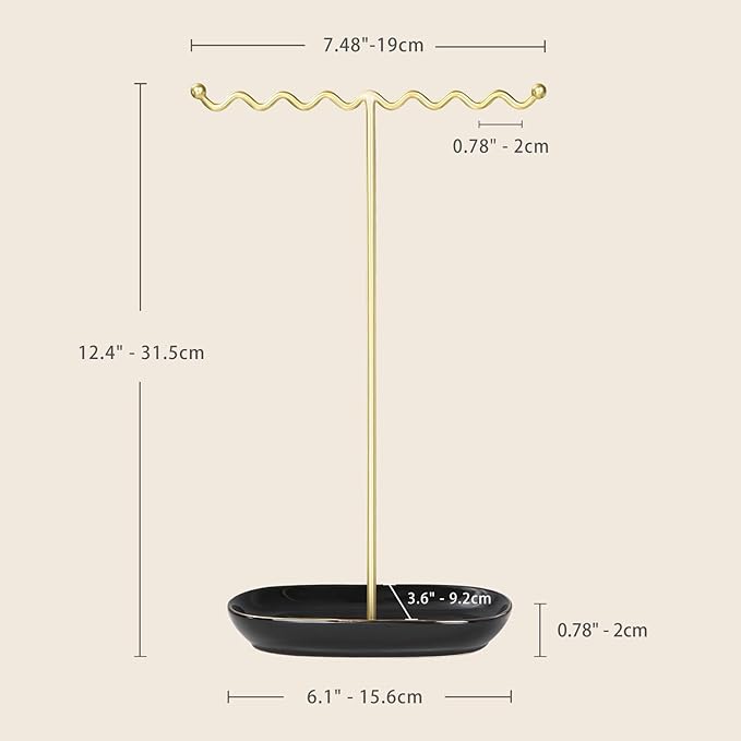 Elegant Jewelry Holder Stand: Metal Tree & Ceramic Tray Organizer for Necklaces, Rings, Earrings - Durable, Rustproof Display Holder Easy to Access Deluxe Black
