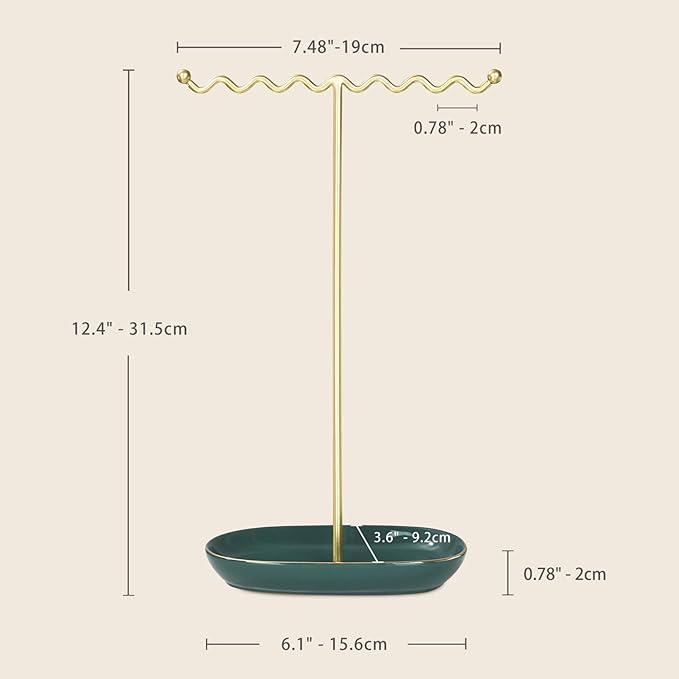Elegant Jewelry Holder Stand: Metal Tree & Ceramic Tray Organizer for Necklaces, Rings, Earrings - Durable, Rustproof Display Holder Easy to Access Emerald Green