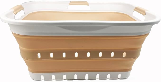 SAMMART 42L (11 gallon) Collapsible Plastic Laundry Basket - Foldable Pop Up Storage Container/Organizer - Portable Washing Tub - Space Saving Hamper/Basket (White/Latte)
