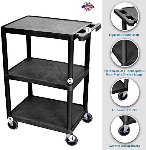 Luxor Multipurpose Storage Utility Cart 3 Shelves Structural Foam Plastic - Black
