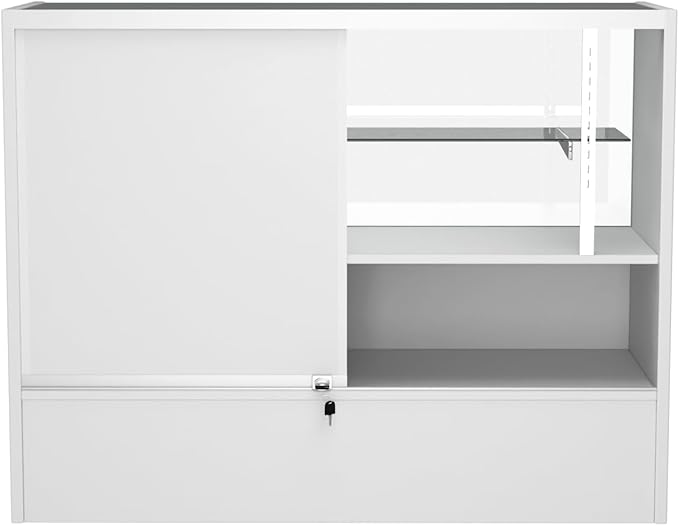 WISDOMFUR 48” Display Showcase with LED Lighting – White Melamine Finish, Adjustable Glass Shelf, Locking Sliding Doors – 4ft Retail Display Cabinet for Stores & Exhibits