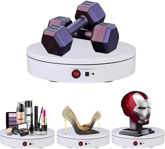 JAYEGT Motorized Rotating Display Stand, 220 Lbs Load, 360 Degree Electric Rotating Turntable for Photography Products Display， Show,Remote Control Angle, Speed (White/ 11.8inch /Rechargeable/Adapter)