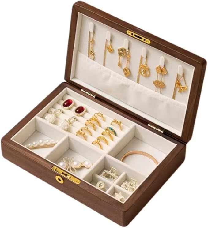 Bescott 2 Layers Solid Black Walnut Wooden Jewelry Box for Women with Lock and Key Wood Vintage Organizer for Men Earrings Rings Necklaces Bracelet Storage Mother's Day Gift