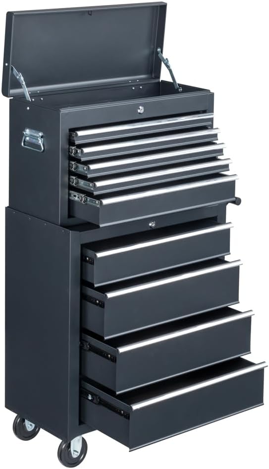 Metal Rolling Tool Box Organizer | Lockable Tool Chest with Wheels | Detachable Top Toolbox with 9 Sliding Drawers | Large Tool Storage Box Organizer for Garage Workshop & Tool Room