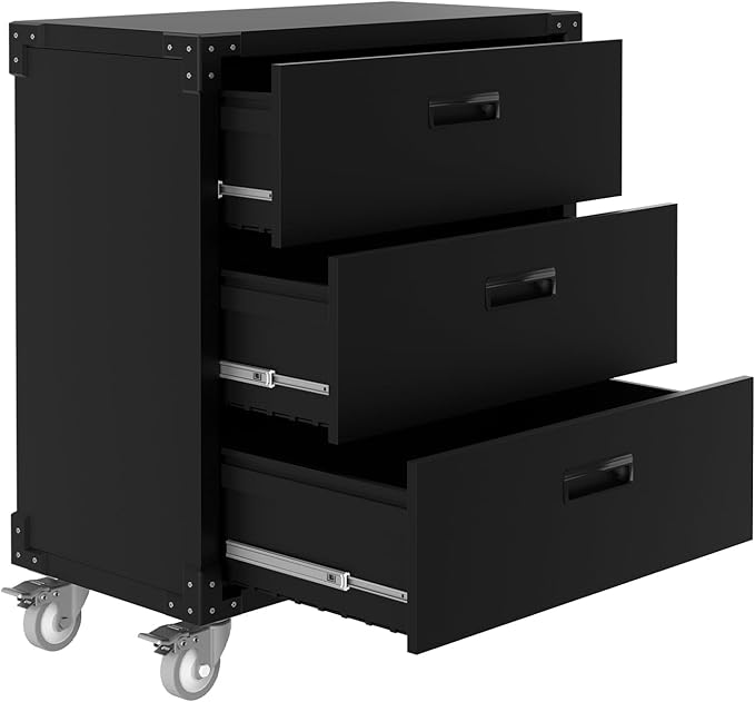 3-Drawer Rolling Tool Cabinet, Heavy Duty Metal Storage Cabinet on Wheels, Mobile Tool Chest Cart for Garage, Workshop, Warehouse, Office, Basement, Black, 31.5"W x 16.5"D x 35.4"H, Assembly Required
