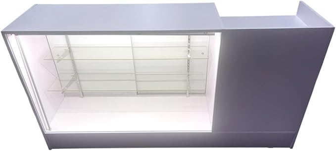 Only Hangers Register Stand with Counter Space and Retail Glass Showcase Display - with LED Lights - 72" (White)