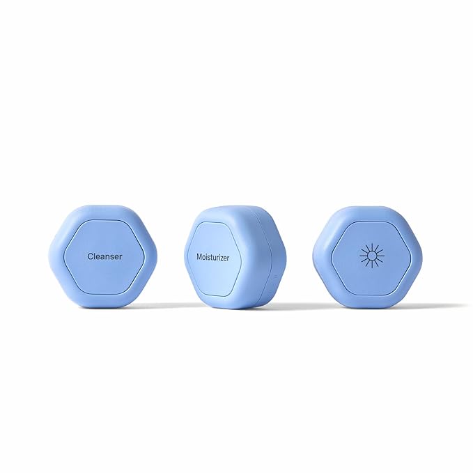 Cadence Travel Containers Basic Skincare Set - Magnetic Containers with Lids,Carry On Travel Essentials For Women/Men - 3 Small Capsules (0.56oz) - Cleanser, Moisturizer & Sun-Icon Labels - Pacific