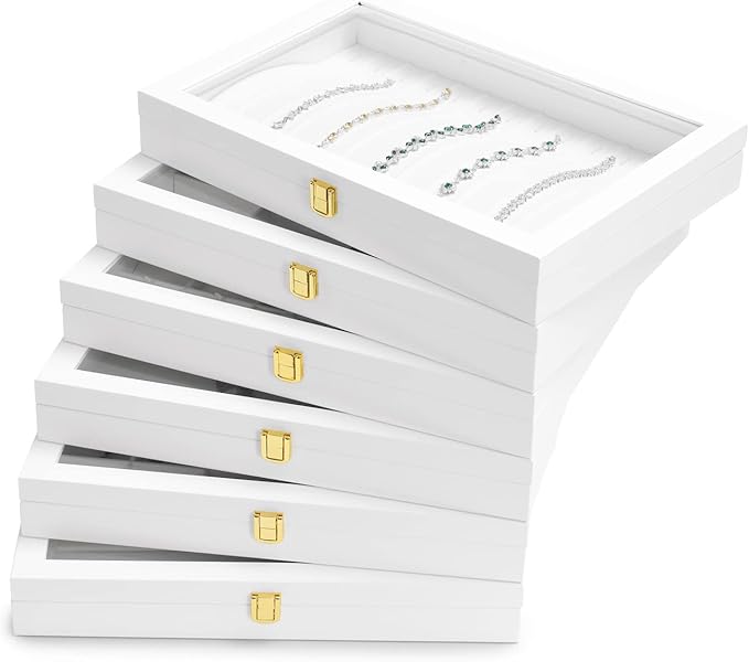 Oirlv Premium Blue Leather 24 Grid Jewelry Tray with Transparent Lid Earrings Rings Organizer Box Stackable Jewelry Box Drawer Inserts Women Gift
