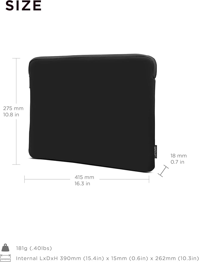 Lenovo Basic Laptop Sleeve 15.6 Inch Notebook/Tablet Compatible with MacBook Air/Pro Neoprene Material - Soft Fleece Lining - Zippered Top Opening - Black