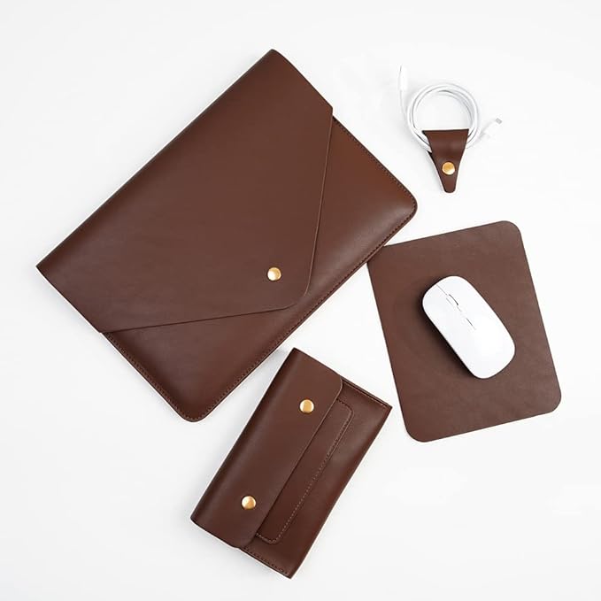 Laptop Sleeve for 15.3 inch MacBook Air 2023/2024, Surface Laptop 15/Book 13.5/Studio with Small Pouch, Mouse Pad and Cord Holder - Dark Brown