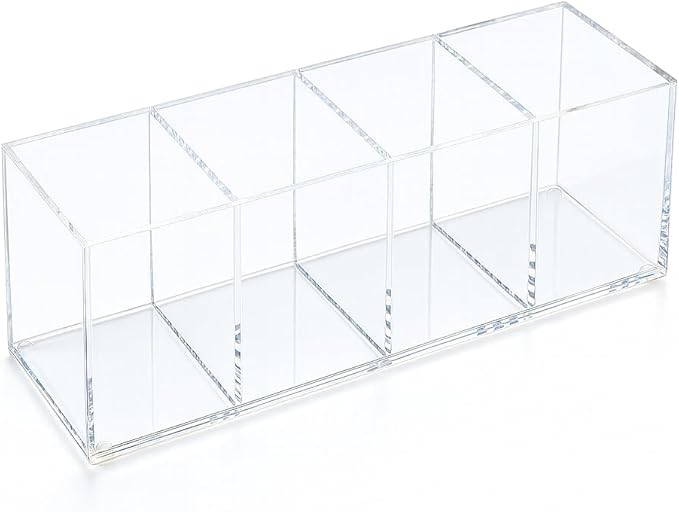 Clear Acrylic 4-Compartment Organizer Box, Small (7.9" × 2.7" × 3.5") – Handcrafted, Eco-Friendly, Minimal Packaging Compact Storage Organizer