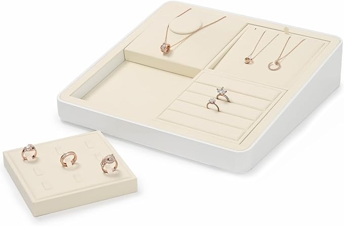 Oirlv Microfiber Velvet Ring Display Stand Small Ring Tray Showcase Jewelry Display Home Organizer(Beige)