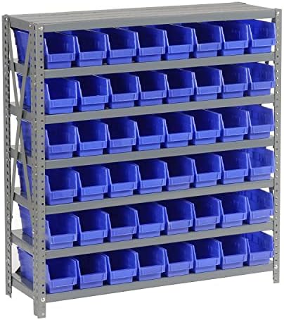 Global Industrial 7 Shelf Steel Shelving with (48) 4" H Plastic Shelf Bins, Blue, 36" W x 12" D x 39" H, Single-Sided Open Shelving with 48 Plastic Shelf Bins