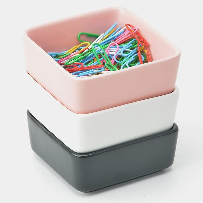 Ceramic Paper Clip Holder 2 PCS Set, Square Paper Clip Dispenser Organizer for Desk, Cute Office Binder Clip Holder Bobby Pin and Hair Clip Holder, Paper Clamp Holders Gift for Office, Pink