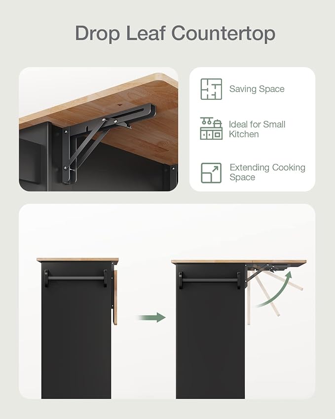 Kitchen Island with Storage, Kitchen Cart on 5 Universal Wheels, Mobile Kitchen Island with Rubber Wood Top and Side Rack (Black)
