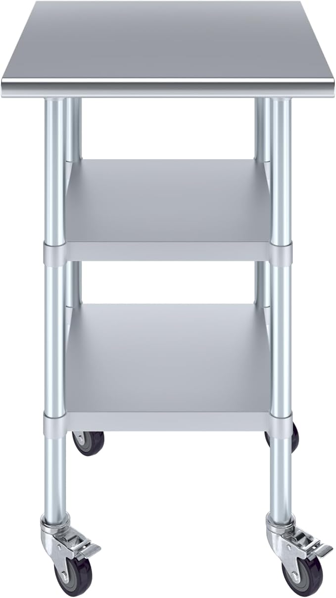 AmGood Stainless Steel Work Table with 2 Shelves and Casters | Metal Utility Table On Wheels (Stainless Steel Work Table with 2 Shelves + Casters, 24" Long x 24" Deep)