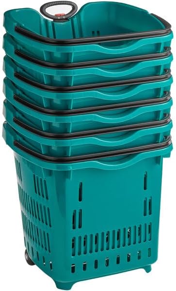 Rolling Shopping Basket, Green Plastic, 21.25x16.5 Inch, 45 lb Capacity, Telescopic Handle, Stackable with Wheels