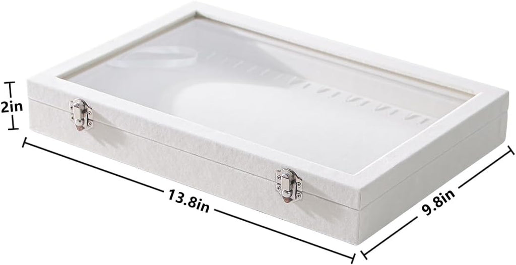 Coward 20 Hooks Necklace Organizer Jewelry Box, Dustproof Necklace Display Holder Case, Beige Velvet Necklace Display Tray Case with Transparent Glass Lid for Women Girls