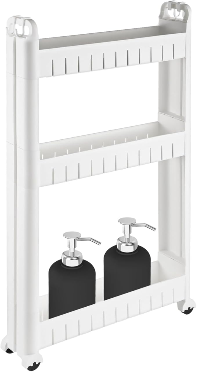 3 Tiers Slim Rolling Storage Cart, 3.5 Inches Slim Slide out Bathroom Organizer Cart, Tiered Storage Rack with Wheels, Narrow Mobile Utility Cart for Laundry Room, Kitchen, Office, Sturdy Room