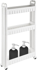 3 Tiers Slim Rolling Storage Cart, 3.5 Inches Slim Slide out Bathroom Organizer Cart, Tiered Storage Rack with Wheels, Narrow Mobile Utility Cart for Laundry Room, Kitchen, Office, Sturdy Room