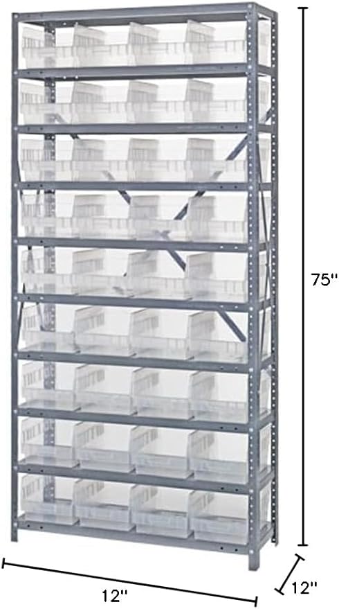 Quantum Storage Systems 1275-207RD Store More Steel Shelving Unit with 6" Shelf Bins, 12" D x 36" W x 75" H, Red