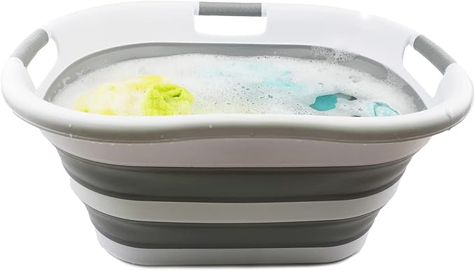 SAMMART 40L (10.5 gallon) Collapsible Plastic Laundry Basket - Space Saving Storage Container - Portable Washing Tub - Foldable Pop Up Hamper/Basket (1, White/Grey)