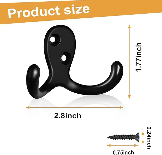 10 Pack Coat Hooks Wall Hooks for Hanging, Heavy Duty Double Prong Metal Hook Wall Mounted for Living Room, Bathroom, Kitchen, Bedroom for Coat, Bag, Scarf, Towel, Hat, Key, Cup (Black)