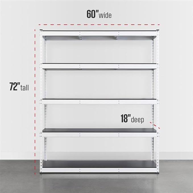 SafeRacks Modular Garage Shelving - 5 Tier Storage Shelves, Tall Metal Rack Shelves for Storage, Heavy Duty Steel Shelf Organizer for Garage, Or Kitchen Pantry (White, 18 x 60 x 72)