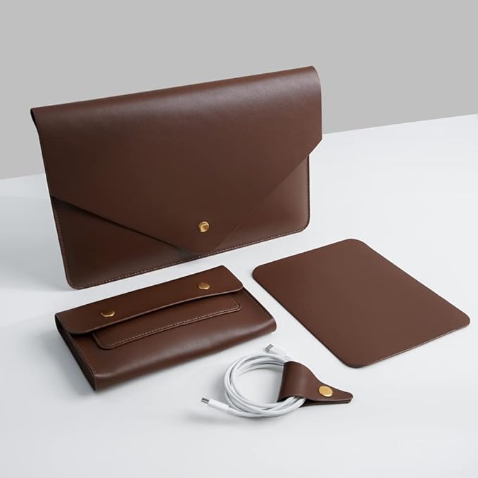 Laptop Sleeve for 15.3 inch MacBook Air 2023/2024, Surface Laptop 15/Book 13.5/Studio with Small Pouch, Mouse Pad and Cord Holder - Dark Brown